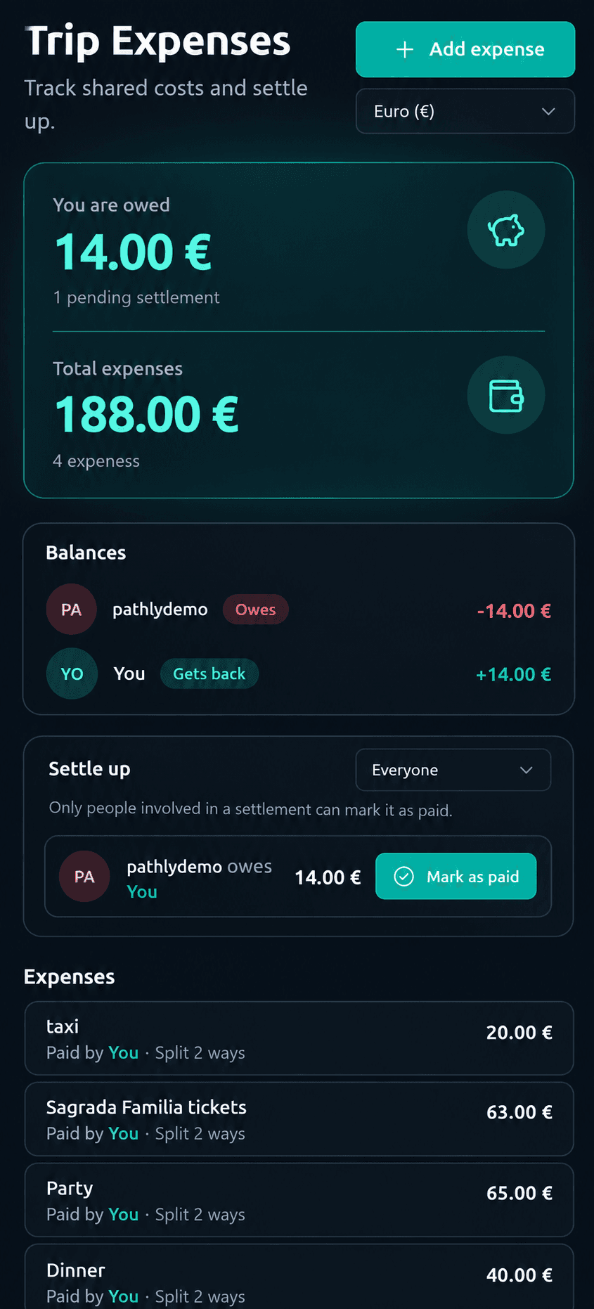 Pathly mobile group expenses interface
