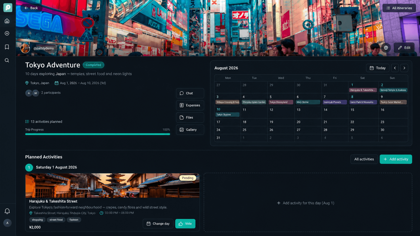Pathly desktop trip planning dashboard preview