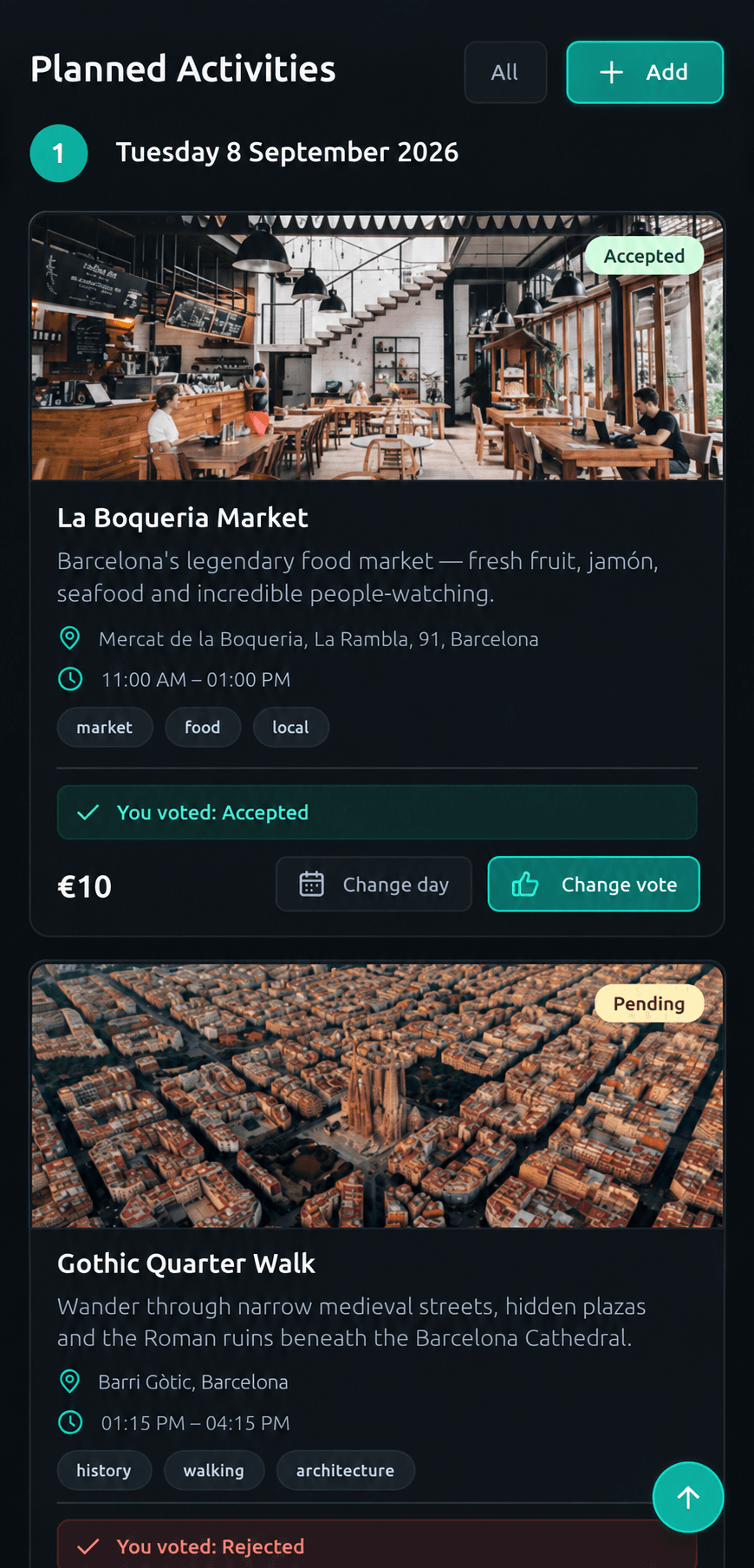 Pathly mobile interface showing the shared itinerary
