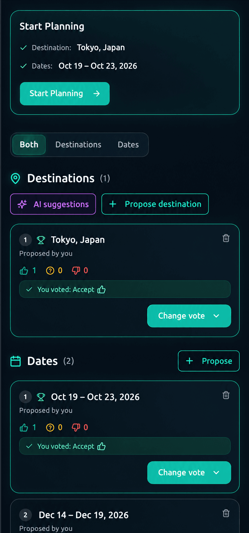 Pathly mobile interface showing group voting